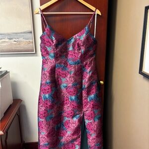 Lulus Pink and Blue Floral Jaquard Midi Dress NWT! L